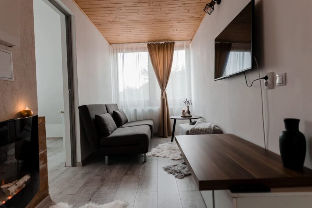 O imagine de ansamblu a zonei de relaxare de la etajul Cabanei Ana, cu o canapea extensibilă gri, o măsuță de cafea, un televizor montat pe perete și un șemineu electric în colțul camerei. Vederea este de la intrarea în cameră, spre fereastra mare cu perdele albe și bej.